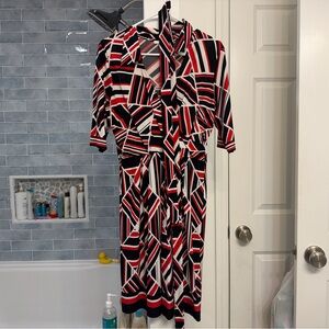 Studio One Bold Geometric Red, Black & White Midi Wrap Dress